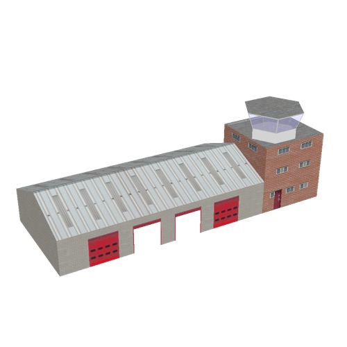 Screenshot of Fire station, grey brick, four bays, office and hex tower