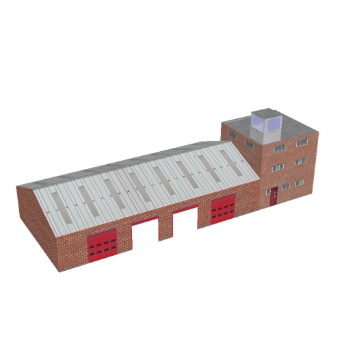 Screenshot of Fire station, red brick, four bays, office and square tower