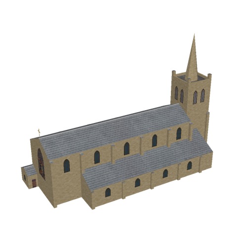 Screenshot of Church, stone, light brown, tower and spire, 40m