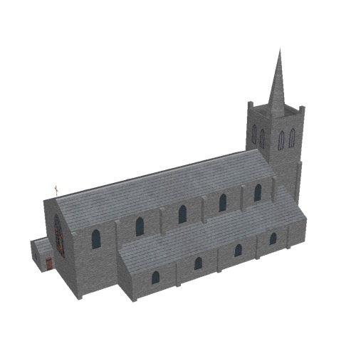 Screenshot of Church, stone, rustic grey, tower and spire, 40m