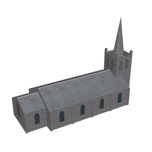 Screenshot of Church, stone, rustic grey, tower and spire, 30m