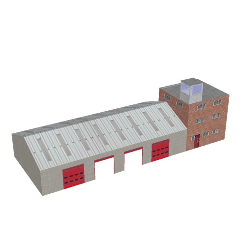 Screenshot of Fire station, grey brick, four bays, office and square tower