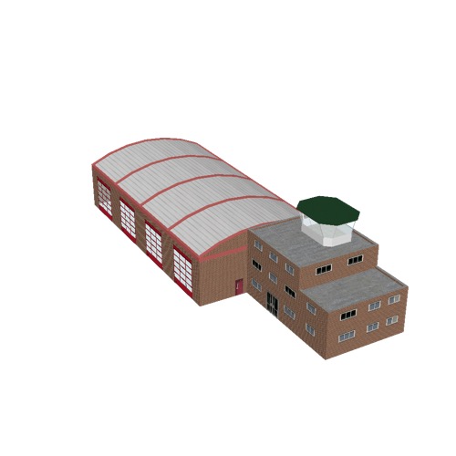 Screenshot of Fire station, red brick, four bays, red doors