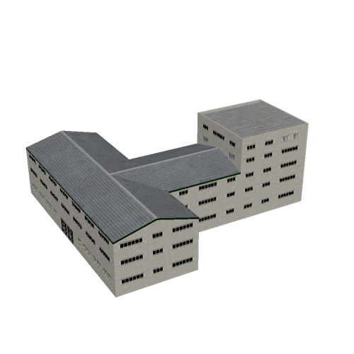 Screenshot of Office, grey brick, grey roof, T shaped