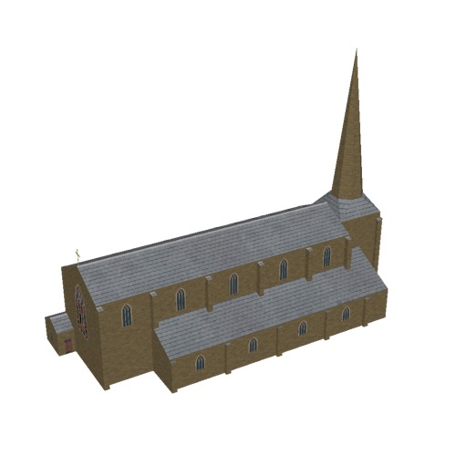 Screenshot of Church, stone, dark brown, spire, 40m