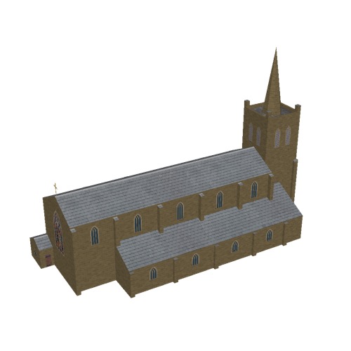 Screenshot of Church, stone, dark brown, tower and spire, 40m