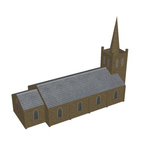 Screenshot of Church, stone, dark brown, tower and spire, 30m