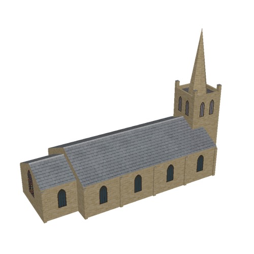 Screenshot of Church, stone, light brown, tower and spire, 30m