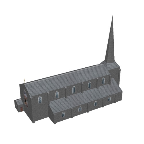 Screenshot of Church, stone, dark grey, spire, 40m