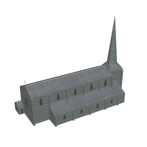 Screenshot of Church, stone, green grey, spire, 40m