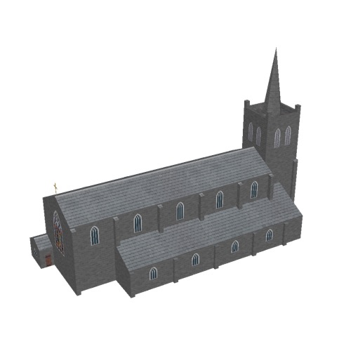 Screenshot of Church, stone, dark grey, tower and spire, 40m