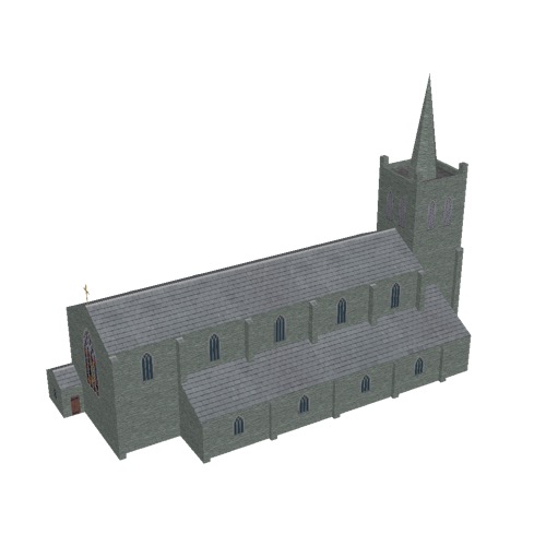 Screenshot of Church, stone, green grey, tower and spire, 40m