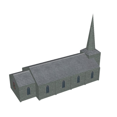 Screenshot of Church, stone, green grey, spire, 30m