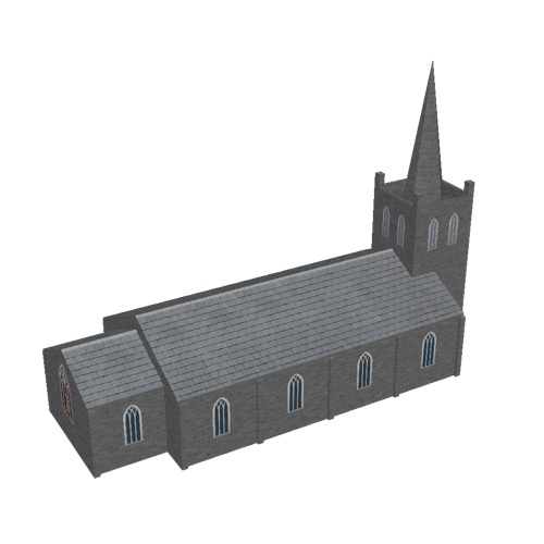 Screenshot of Church, stone, dark grey, tower and spire, 30m