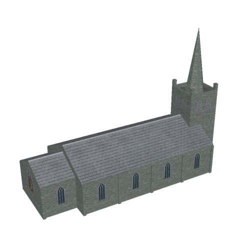 Screenshot of Church, stone, green grey, tower and spire, 30m